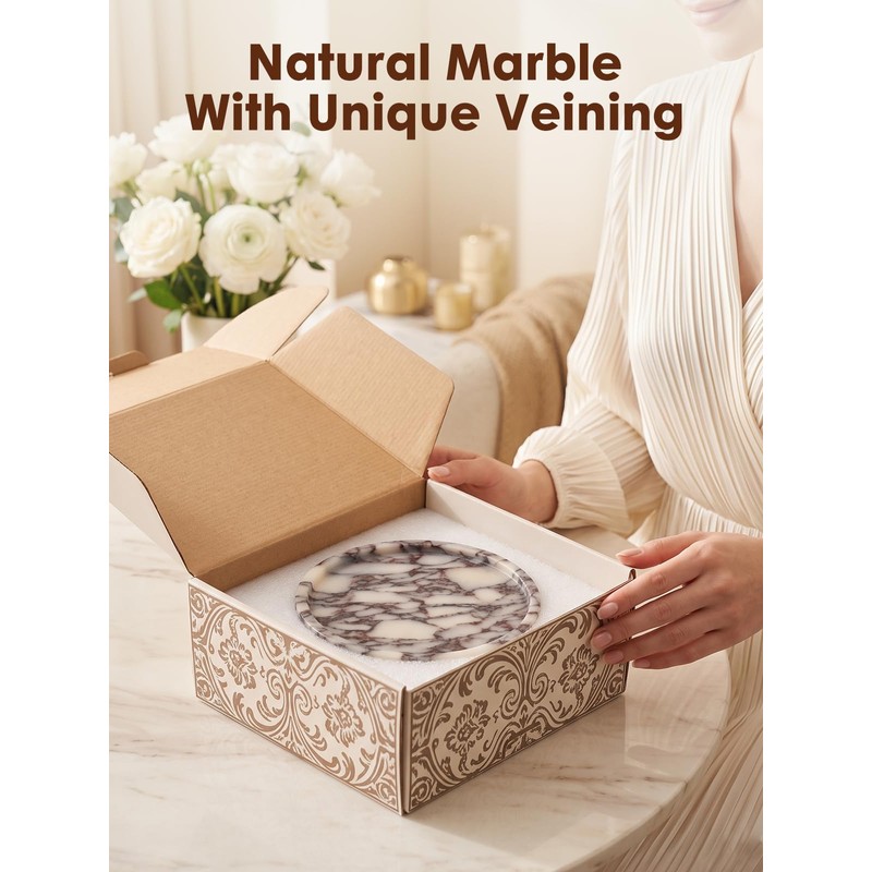 Marble Decorative Tray, 7" Round Marble Tray with Legs, Calacatta