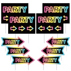 10Pcs Party Signs with Stakes Party This Way Signs for Outside Birthday Party Direction Sign This Way Arrow Neon Outdoor Decor for Wedding Birthday Outside Double Sided Lawn