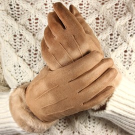 TOSKATOK Ladies Womens Stylish Faux Suede Soft Warm Cosy Winter Gloves with Cosy Liner and Faux Fur Cuff-CAMEL