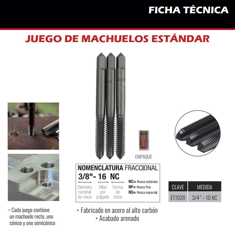 Dogo Tuls ET1020 Juego 3 Machuelos Aac 3/4"-10 Nc