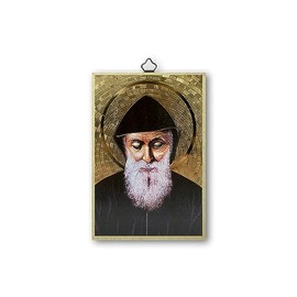 Fratelli Bonella Picture Saint on Poplar MDF Wood 8 mm with Mosaic Made of Gold Foil by San Charbel with Prayer on the Back 10 x 15 cm Made in Italy
