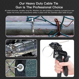 TOMSHUB TOMSHUB Stainless Steel Cable Tie Gun with 100 Pcs 11.8 inch Metal Zip Ties Tool, Heavy Duty Self-locking Cable Tie Gun Kit for Fastening and Cutting Fence Exhaust Pipe Outdoor