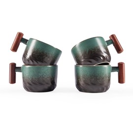 CLASGLAZ 2.5oz Ceramic Espresso Cups with Wooden Handle, Small Coffee Cups Double Shot Espresso Cups Set of 4