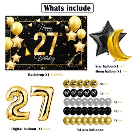 Happy 27th Birthday Backdrop Banner Decor with Balloons Arch Garland Kit Black and Gold - Glitter Cheers to 27 Years Old Birthday Party Theme Decorations for Men Women Supplies