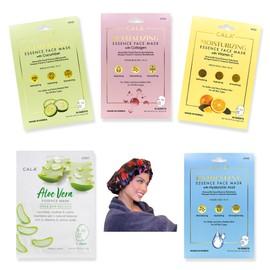 Zomac Facial Gift Set - 6 Items - Incldues Cala Collagen, Cucumber, Aloe Vera, Vitamin C, and Hyaluronic Acid Face Masks. Includes Gift Bag and Custom Shower Cap, Korean Face Sheet Variety Set