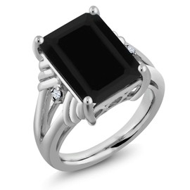 Gem Stone King 925 Sterling Silver Black Onyx and White Created Sapphire Engagement Ring For Women (7.38 Cttw, Gemstone December Birthstone, Emerald Cut 14X10MM, Size 7)