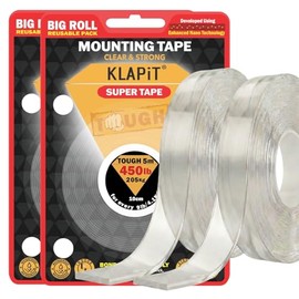 KLAPiT Super Tape - Paquete de 2 unidades de 196 pulgadas, calcomanía transparente de doble cara, cinta de montaje impermeable con tecnología nano mejorada, soporta 450 libras 2.2 libras por pulgada