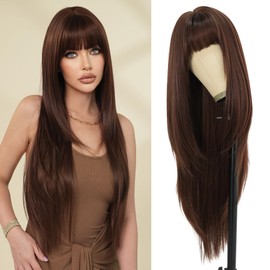 7JHH WIGS 34inch Surper Long Straight Natural Dark Brown Synthetic Layered Wigs with Bang Heart Resistant Fiber Hair 140% Density Wigs for Women Daily Party Anime Cospaly Used