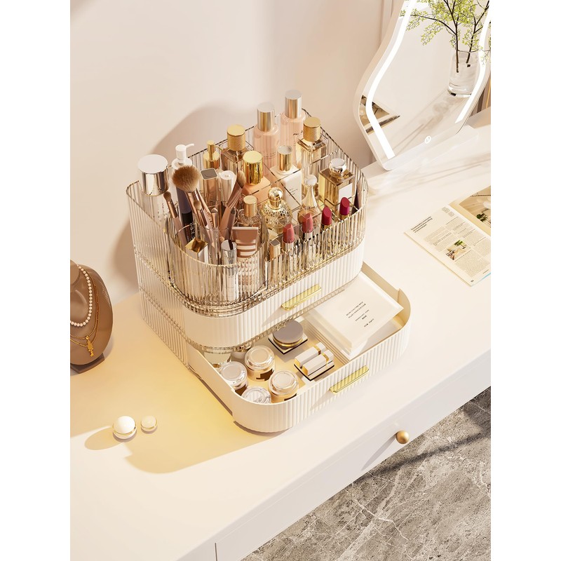 STORICANS 360° Rotating Makeup Organizer with Drawer, Clear Acrylic Cosmetic
