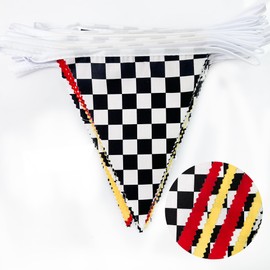 32Ft Racing Car Party Decorations Red Yellow Black White Checkered Race Car Triangle Flag Pennant Banner Fabric Garland Streamer for Kids Birthday NASCAR Theme Party Baby Shower BBQ Bar Outdoor Decor