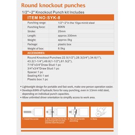 AMZCNC 8 Ton 1/2" to 2" Hydraulic Knockout Punch Driver Tool Kit Electrical Conduit Hole Cutter Set KO Tool Kit with 6 Dies Hole Complete Tool (Knockout Punches) (8T（1/2"~2"）)