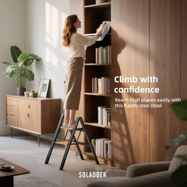 SOLADDER 2 Step Stool, Anti-Slip and Lightweight Foldable Step Ladder for Adults to Use in Kitchen,Closet and Library,300lbs(Black+Woodgrain)