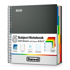 Dunwell 5-Subject Notebook, College Ruled, Colorful Movable Pocket Dividers with Tabs, Front/Back Plastic Covers, 200 Sheets (400 Pages) of 3-Hole Punch Perforated 8.5x11 Paper