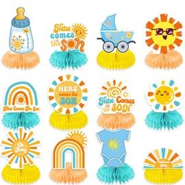 Here Comes The Son Centerpieces Table Decorations - 12 Pieces Boho Sun Rainbow Baby Bottle Stroller Bodysuit Honeycomb Centerpieces, Great for Here Comes The Son Baby Shower Decorations Supplies