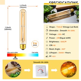 Sphoon Tubular Light Bulb 7.3 Inch Dimmable T10 LED Bulb E26 6W 60 Watts Edison Bulbs Amber 2200K Warm White,185mm Long for Wall Sconces, Pendant, Livingroom, 4-Pack