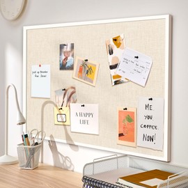 Cork Board with Linen 36x24 inch Bulletin Board Office Decor Hanging Pin Wood Framed Display Picture Vision Board Light for Wall School Office Bedroom (White, 36“×24“)