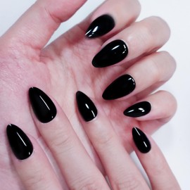 Press on Nails Short Almond, Black Glossy Fake Nail in 15 Sizes, Kit of 30 False Nails, 24 Adhesive Tabs and Tools