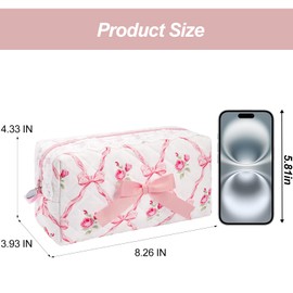SXS LACONIC Quilted Makeup Bag,Travel Coquette Cosmetic Brush Pouch,Cute Bow Floral Make up Organizer Handbag,Large Capacity Toiletry Bag
