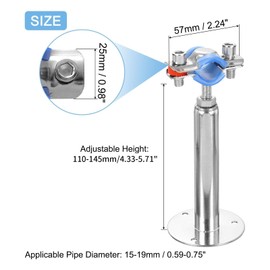 2 Pack Stainless Steel Wall Mount Ceiling Mount Pipe Supports, Adjustable Pipe Strap Bracket Clamp with Screws for Pipe 15-19mm 1/2" Adjustable Height 110-145mm