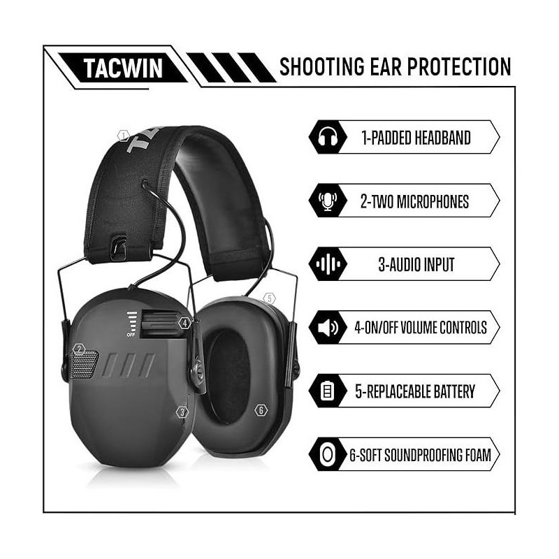 TACWIN Shooting Ear Protection for G Range, Active Noise Reduction