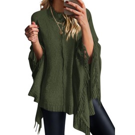PRETTYGARDEN Women's 2025 Fall Winter Poncho Sweaters Trendy Chunky Knit Fringe Shawls Wraps Pullover Tops Holiday Outfits (Army Green,X-Large)