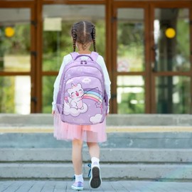 Cat Unicorn Children's Backpack Girls Cute Backpack for Children Students 3-Piece Sets School Bag for Children Girls Waterproof School Bags for School 1-3 Class, Purple Fishing Pistol, Playful-Lilac