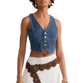 LYSINK Womens Crop Denim Vest Tops Summer Sleeveless V-Neck Button Up Cowgirl Waistcoat Tank Tops Streetwear (04 Dark Blue, S)