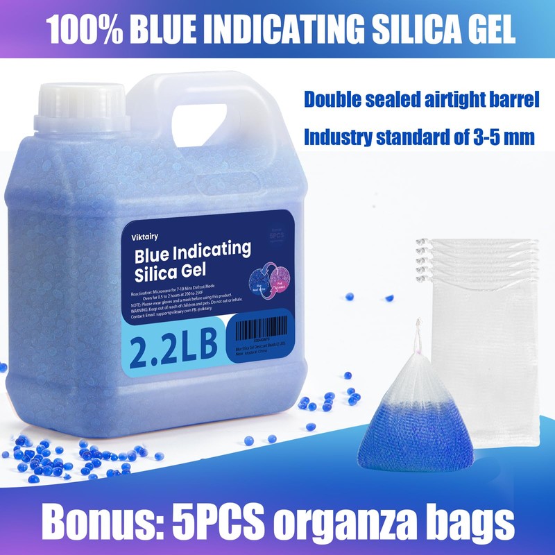 2.2LBS Desiccant Beads, Premium Blue Indicating Reusable Silica Gel Beads