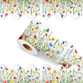 Motiskyy 65 Feet Vibrant Wildflower Bulletin Board Borders Summer Wildflower Bulletin Border Board Spring Straight Wavy Scalloped Trim Borders for Classroom Office Home Decor