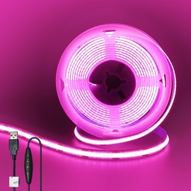 Clearhill 5V COB LED Strip Light Dimmable 2M Pink 8mm Width 320LEDs/M, 8W/M, High Density CRI90 Strong Light Double Sided Tape Transformable Cuttable Non-Waterproof IP20 Power Cord Switch, 5 Stage