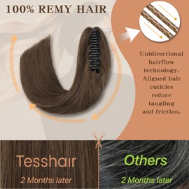 TESSHAIR Claw Clip In Ponytail Extension, 100% Human Hair Ponytail Extension, No Tangle & Smooth, 105g, 14 Inch #Dark Brown