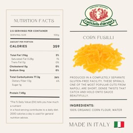 Rustichella d'Abruzzo Organic Corn Fusilli – Gluten-Free Pasta, 250g, Made with Organic Corn Flour, Perfect for Hot & Cold Dishes, Non-GMO, Artisan Quality