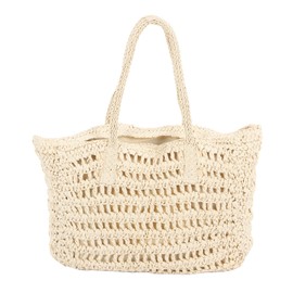 Woven Straw Bag, Large Capacity, Handmade Straw Bag, Straw Shoulder Bag with Zip, Inner Pocket, Summer Straw Shoulder Bag, Holiday Beach Bag for Women (Beige)