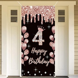 4th Birthday Decoration for Girls Happy 4th Birthday Poster Door Banner Roseold Fabric Sign Wall/Door Banner 4th Birthday Background Banner Girls Birthday Party Welcome Sign