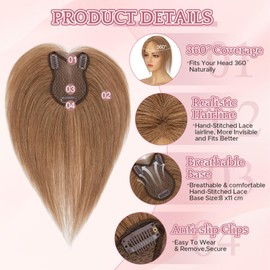 SEGOHAIR Hair Toppers for Women Human Hair Double Layer Hand Stitched 360° 3D Coverage Lightweight Natural for Thinning Hairpiece Breathable 11 Inch Chestnut Brown 21g