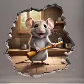 2PCS 3D Mouse Wall Art Decal, Decorative Breakthrough Mouse with Baseball Bat Design, Kitchen Wall Sticker