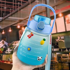 Locisne Cute Water Bottles with Straw & Removable Strap, Sports Motivational Water Bottle with Time Marker & 3D Sticker, Leakproof Fast Flow Modern Water Jug for School Fitness Office(1300ML)