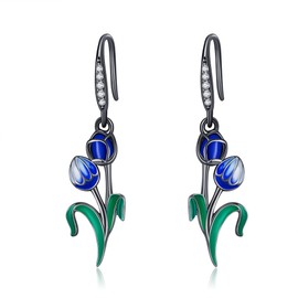 Tulip Earrings 925 Sterling Silver Lapis Lazuli Tulip Dangle Drop Earrings Black Flower Jewellery for Women