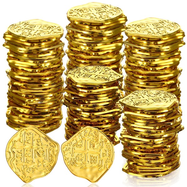 Hanaive 100 Pcs Pirate Coins Plastic Coins Kids Fake Play Coins Replica Spanish Doubloons St. Patrick's Coin for Pirate Party Treasure Chest Board Games Tokens Toys Cosplay (Gold,Irregular)
