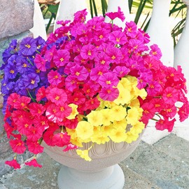 16 Bundles Artificial Fake Outdoor Flowers Plants, Faux Silk Realistic Morning Glory Floral Arrangement Planter UV Resistant for Porch Patio Window Box Balcony Garden Decor (Flowers Grass 4 Colors)