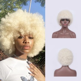 Kavsni Wig 70's Curly Wigs for Black Women Large Bouncy Fluffy and Soft Natural Looking Afro Kinky Wig 8 Inches (Platinum blonde)