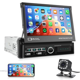 Single Din Touchscreen Car Radio, Rimoody 7'' Electric Flip Out Touch Screen Car Stereo with Bluetooth Mirror Link FM Radio with TF/USB/AUX + Rear View Camera