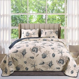 Coastal Quilts Queen Size, 3-Piece Starfish Shell Pattern Queen Beach Themed Bed Spreads, Soft Cotton Coastal Quilt Set with Pillowcases, All Seasons Quilt Bedding Set, 90x98 Inch