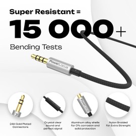 PowerLocus Aux Cord 3.5mm Audio Cable with Microphone (3.3ft), 3.5mm Aux Cable Male to Male, 24K Gold Plated, Mesh Braided for Headphones, Tablets, Gaming Consoles, Home/Car Stereos (Black)