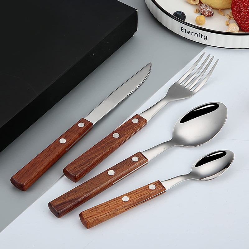 Cutlery Set with Wooden Handle, Shiny Stainless Steel Cutlery Including