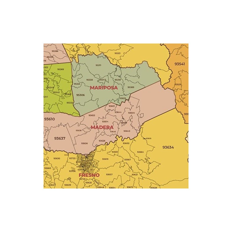 California ZIP Code Map with Counties - Standard - 36"