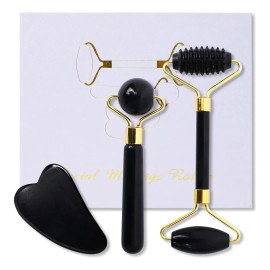 Rodillo Facial Jade Black Obsidiana Guasha Stone Massage Kit