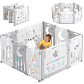 Baby Playpen, Dripex Baby Playard for Babies and Toddlers, 10-Panel Foldable Playpen Adjustable Portable Play Area, Indoor/Outdoor Kids Active Center with Game Panel & Safety Gate, Grey White