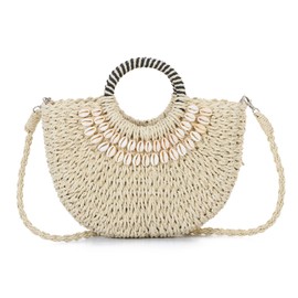 EVEOUT Women Straw Tote with Strap Summer Round Rattan Basket Handbag with Shell Boho Chic Handwoven Crossbody Bag for Beach Holiday