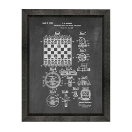 Convertible Chess and Checker Game Piece Patent Art Chalkboard Print in a Beveled Black Wood Frame (11" x 14") M12798